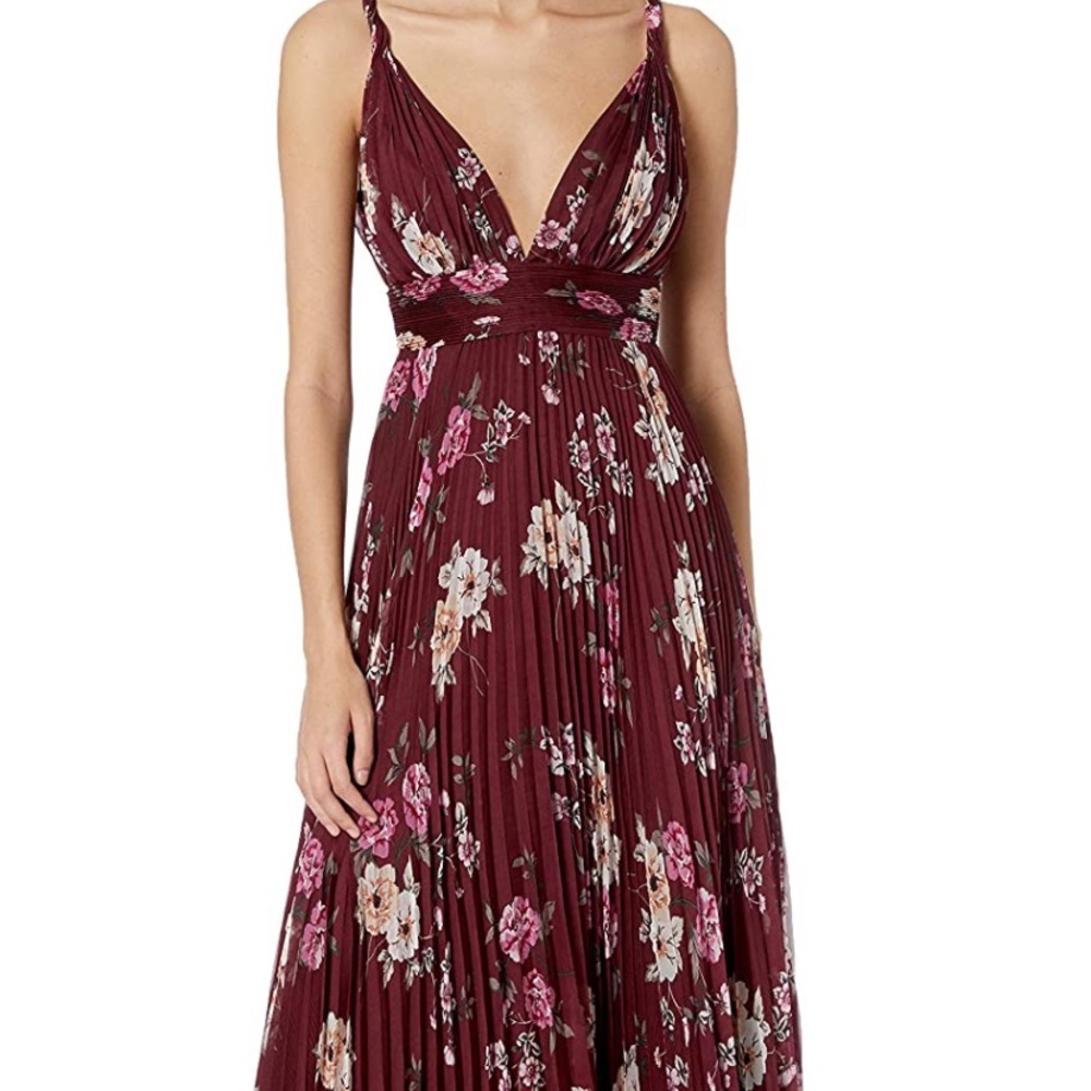 Burgundy Floral Pleated Gown